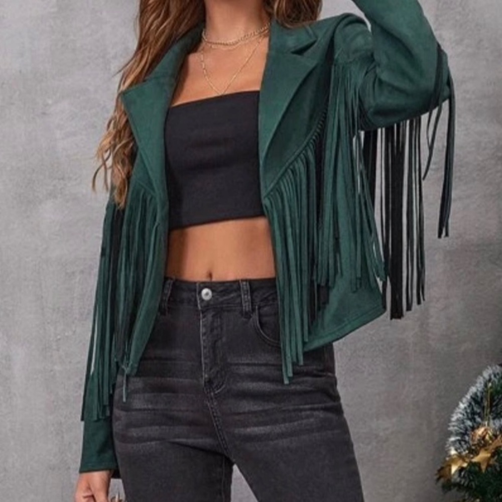Sale! Dark Green Trendy Fringe Jacket, size M. New - Picture 2 of 15